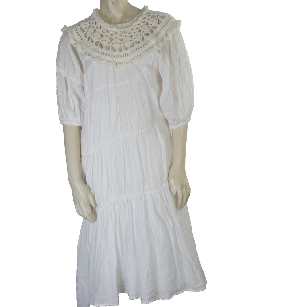 Sea New York White Ramie Tiered Midi Dress Size S Crochet Lace Collar Boho Chic